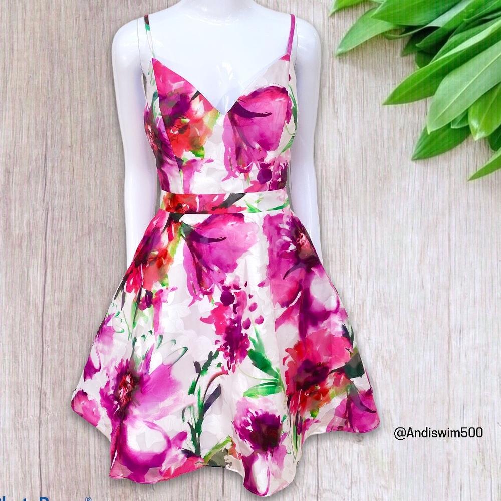 Xscape Floral Party Mini Skater Dress with Open Back; 8